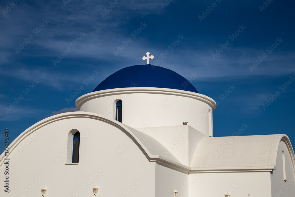 White church with a blue roof. Cyprus.