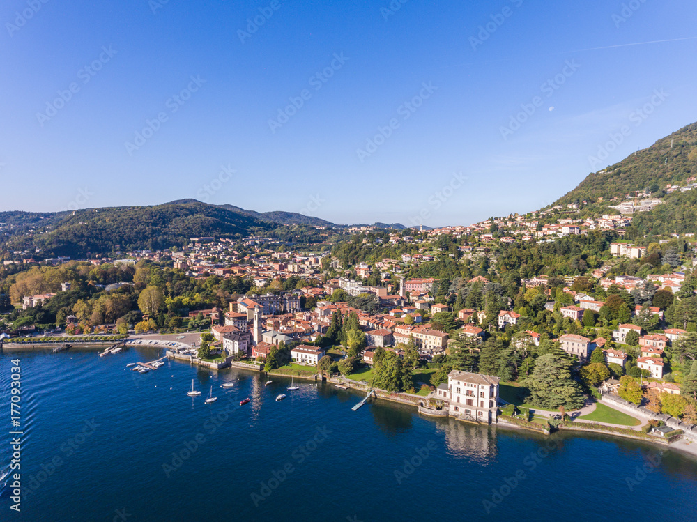 Panoramic view of Cernobbio on Como lake. Aerial view