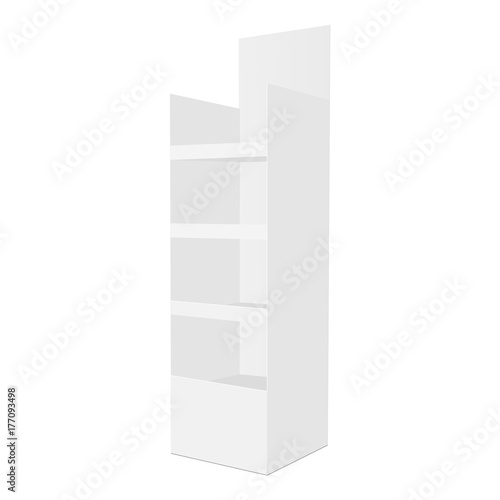 White floor cardboard display with shelves isolated. Half side view mockup for create your product design. Vector illustration photo