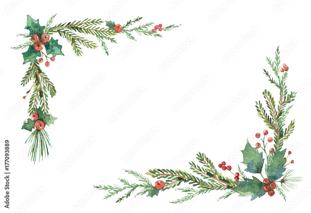 Watercolor vector Christmas frame with fir branches and place for text.