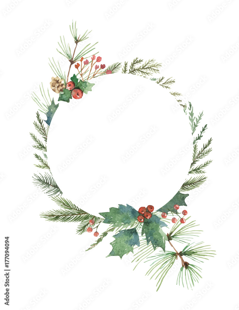 Watercolor vector Christmas frame with fir branches and place for text ...