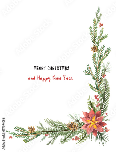 Watercolor vector Christmas decorative corner with fir branches and flower poinsettias.
