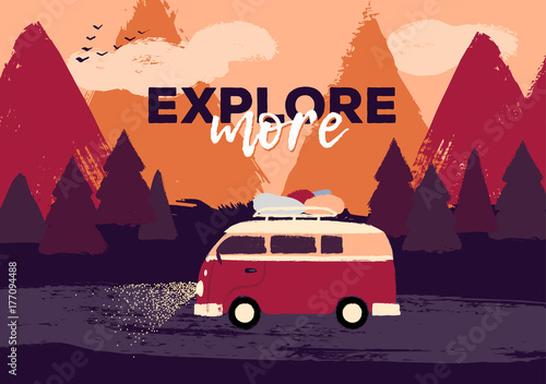 Vector flat retro illustration of a friend or family road trip on the hippie van through the dark night forest. Motivational quote about exploring. Fir trees and mountains on the background. Sunset