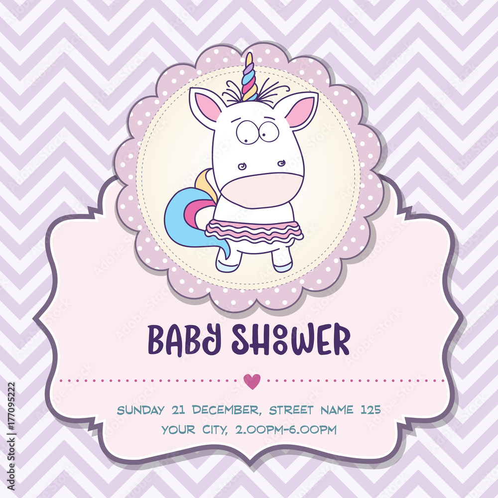 Fototapeta premium Beautiful baby shower card template with lovely baby girl unicorn