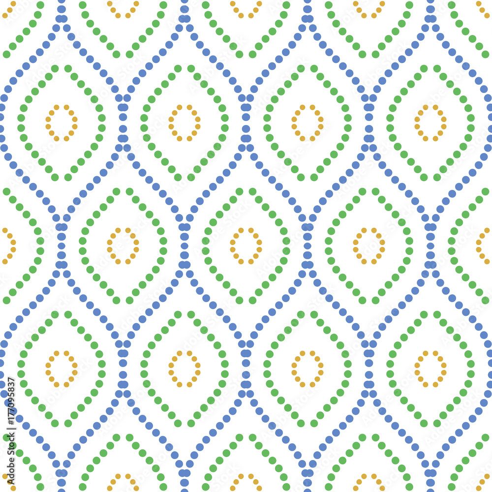 Seamless ornament. Modern background. Geometric pattern with repeating dotted colorful wavy lines