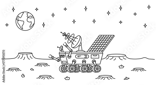 Moon rover vector illustration. Lunar vehicle (transport) line art concept. Mars rover (moon walker robot) outline graphic design.