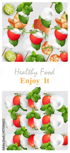 Tomatoes and mozzarella snacks Realistic Vector. Healthy food for menu, print, label, flyers