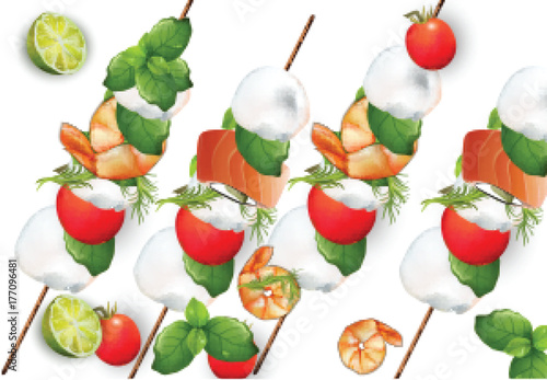 Tomatoes and mozzarella snack sticks Realistic Vector. Healthy food for menu,...
