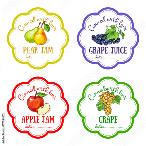 Labels with hand drawn fruits and berries set of vector. Apple, grape, pear.