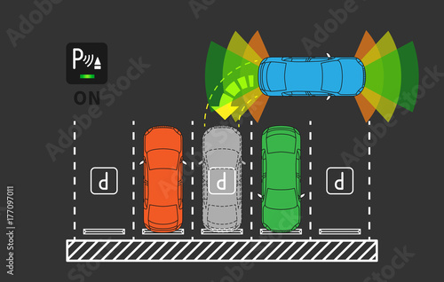 Parking assist system vector illustration. Autonomous car technology with sensors line art concept. Smart car assistance autopilot graphic design. Top view of intelligent sensors scanning free space.