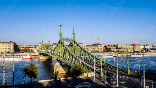 Szabadsag hid (Liberty Bridge or Freedom Bridge) in Budapest, Hungary connects Buda and Pest across the River Danube.