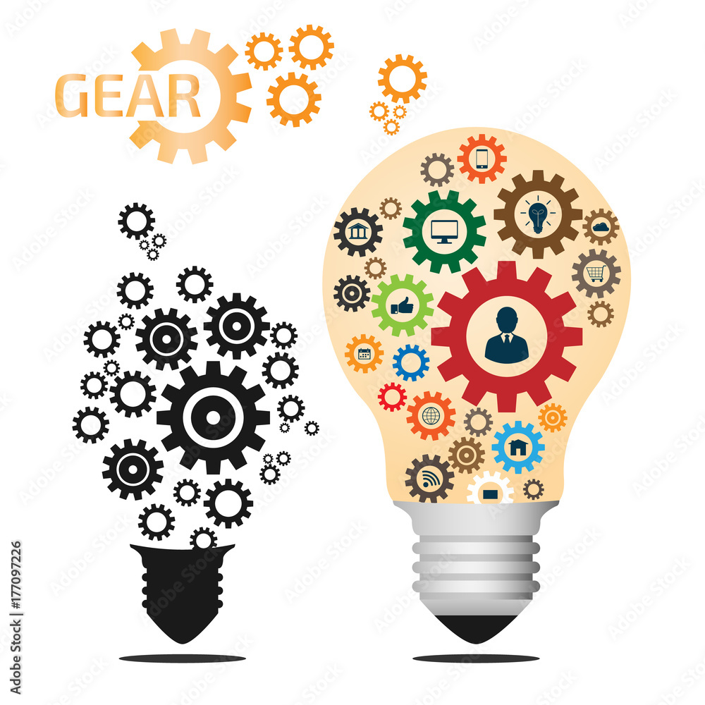 Light Bulb and gear with Business Icons Pattern. Business Big Idea Creative Concept Abstract Infographics Template. Business Start vector illustration. Light Bulb and gear with Business Icons Pattern. Business Big Idea Creative Concept Abstract Infographics Template. Business Start vector illustration.