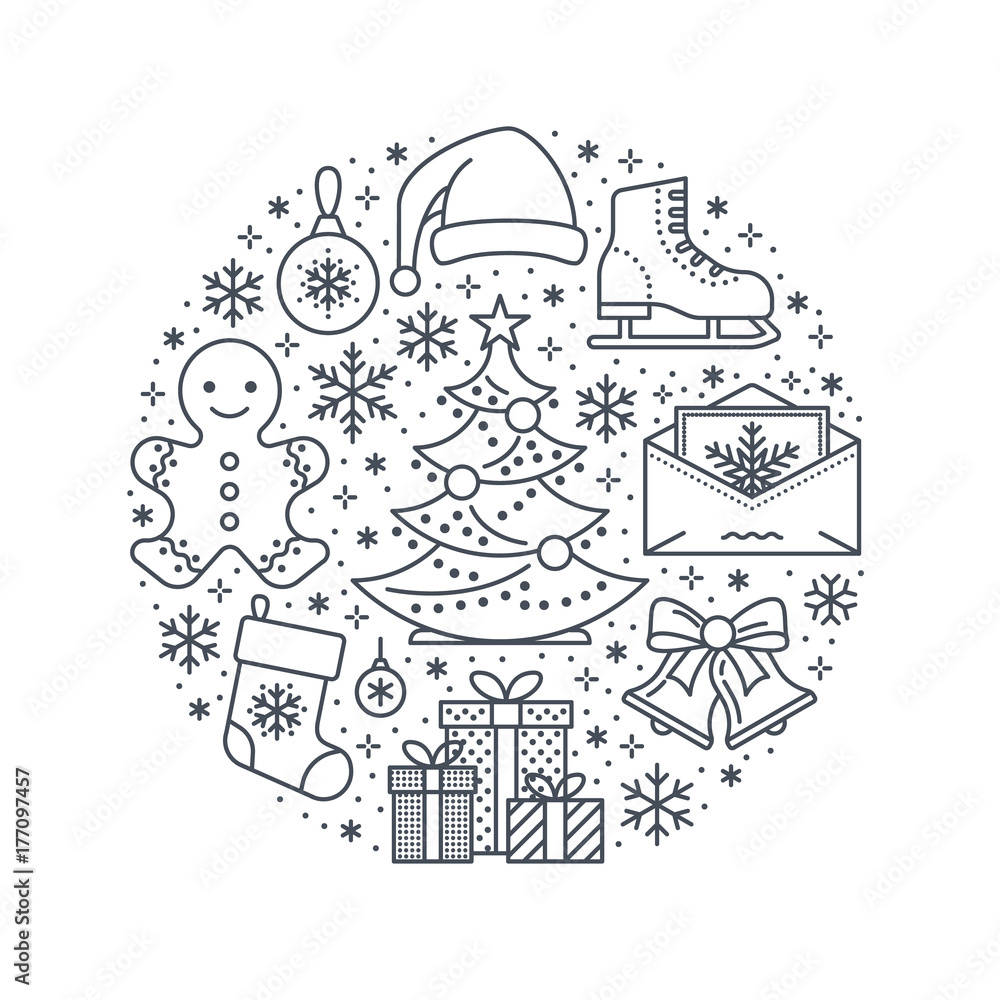 Christmas, new year banner illustration. Vector line icon of winter holidays - christmas tree, gifts, snowflakes, skates, letter to santa, bells, gingerbread. Celebration party circle template.