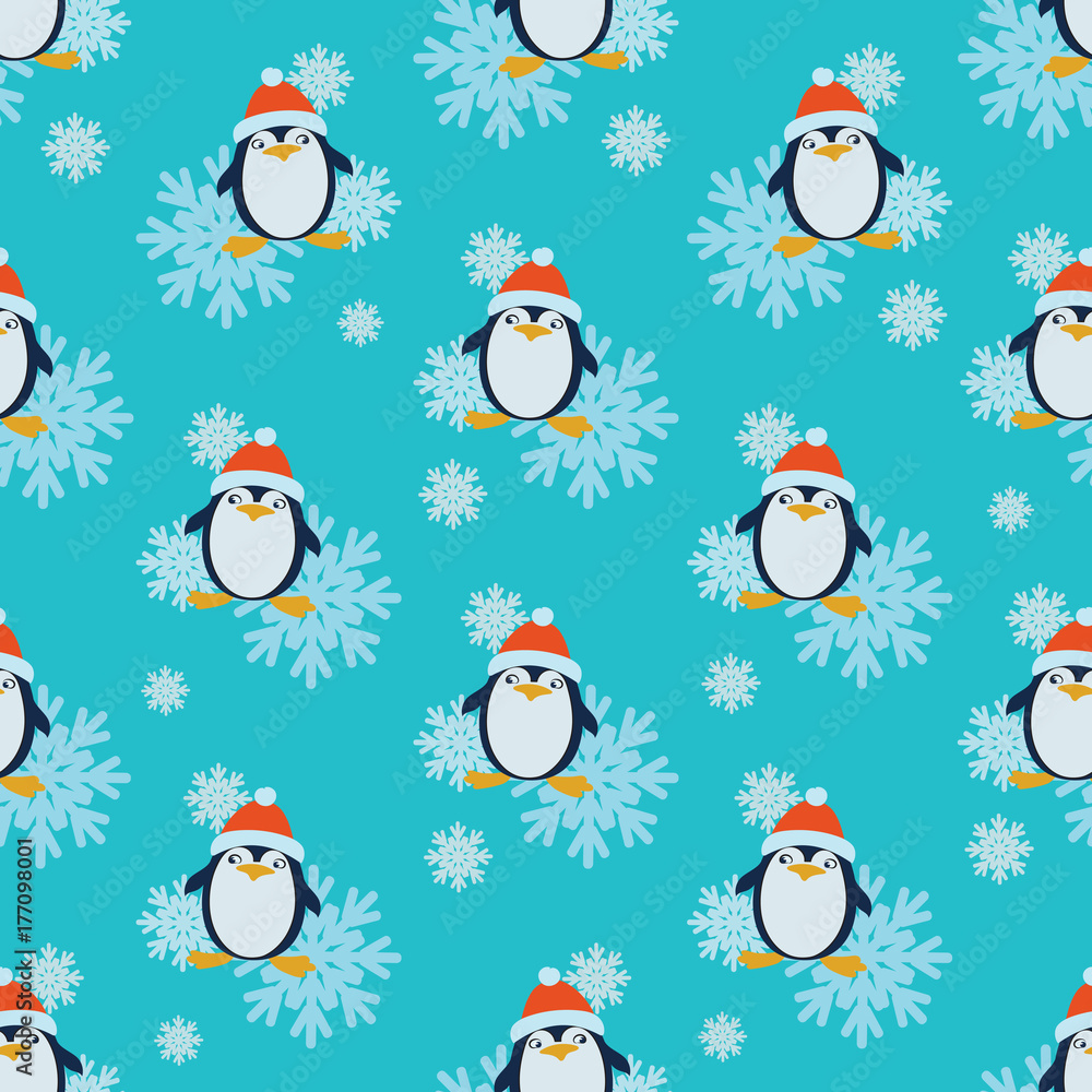 Penguin in a red hat and snowflakes.  Seamless pattern. Design for textiles, tapestries, gift wrapping.