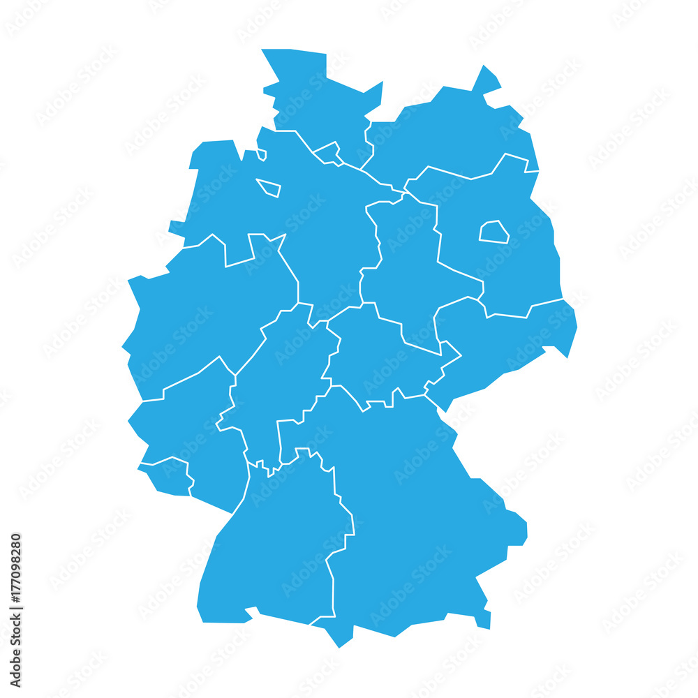 Map of Germany devided to 13 federal states and 3 city-states - Berlin, Bremen and Hamburg. Simple flat blank blue vector map silhouette.