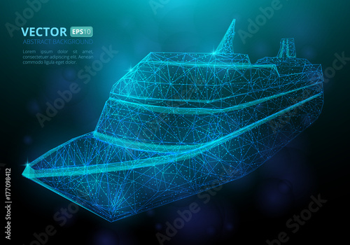 Abstract polygonal marine ship or boat with texture of starry sky. Vector illustration consisting of polygons, points and lines isolated on dark blue background