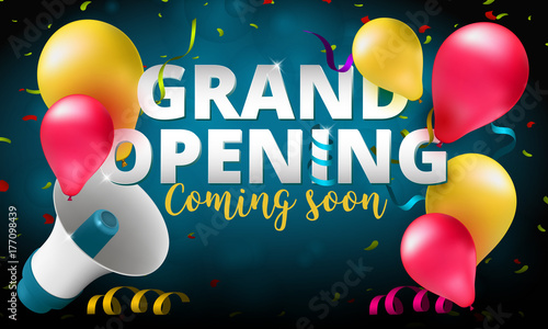 Grand Opening event invitation banner or poster design template. Vector illustration of megaphone, air balloons and confetti. Perfect to use for advertising design your web site or print publications