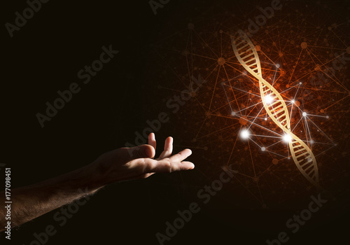 Science medicine and technology concepts as DNA molecule on dark background with connection lines