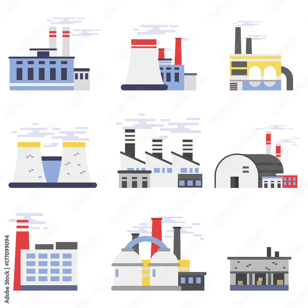Industrial factory buildings set, power and chemical plant vector illustrations
