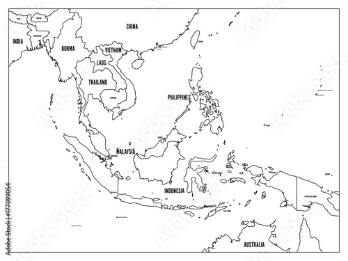 South East Asia political map. Black outline on white background with black country name labels. Simple flat vector illustration.