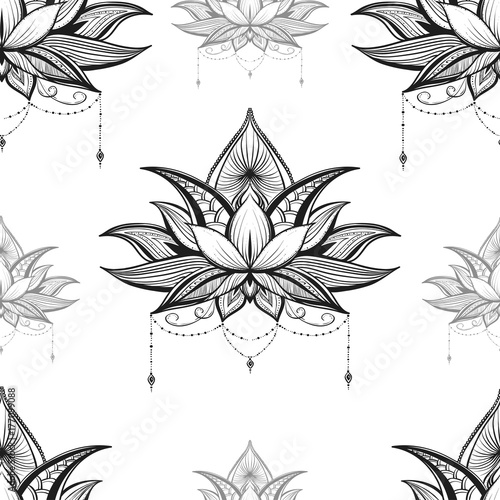 Indian seamless pattern consisting of hand drawn lotus flowers. Vector illustration.
