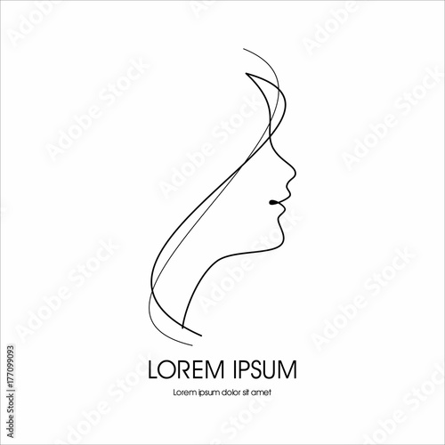 Face of pretty girl with stylish hairstyle. Woman's head in circle. Elements of design of cosmetic products logo. Print with gold foil on a black background. Vector illustration. Modern linear style.