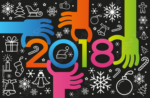 Vector Happy New Year background. Color design with numeral 2018, christmas icons, people's hands and circles.  The file is saved in the version 10 EPS. This image contains transparency.