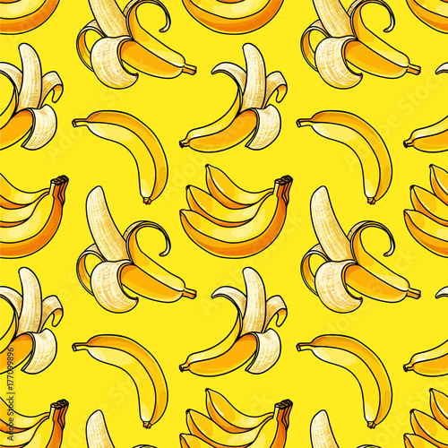 Banana seamless pattern. Yellow color background