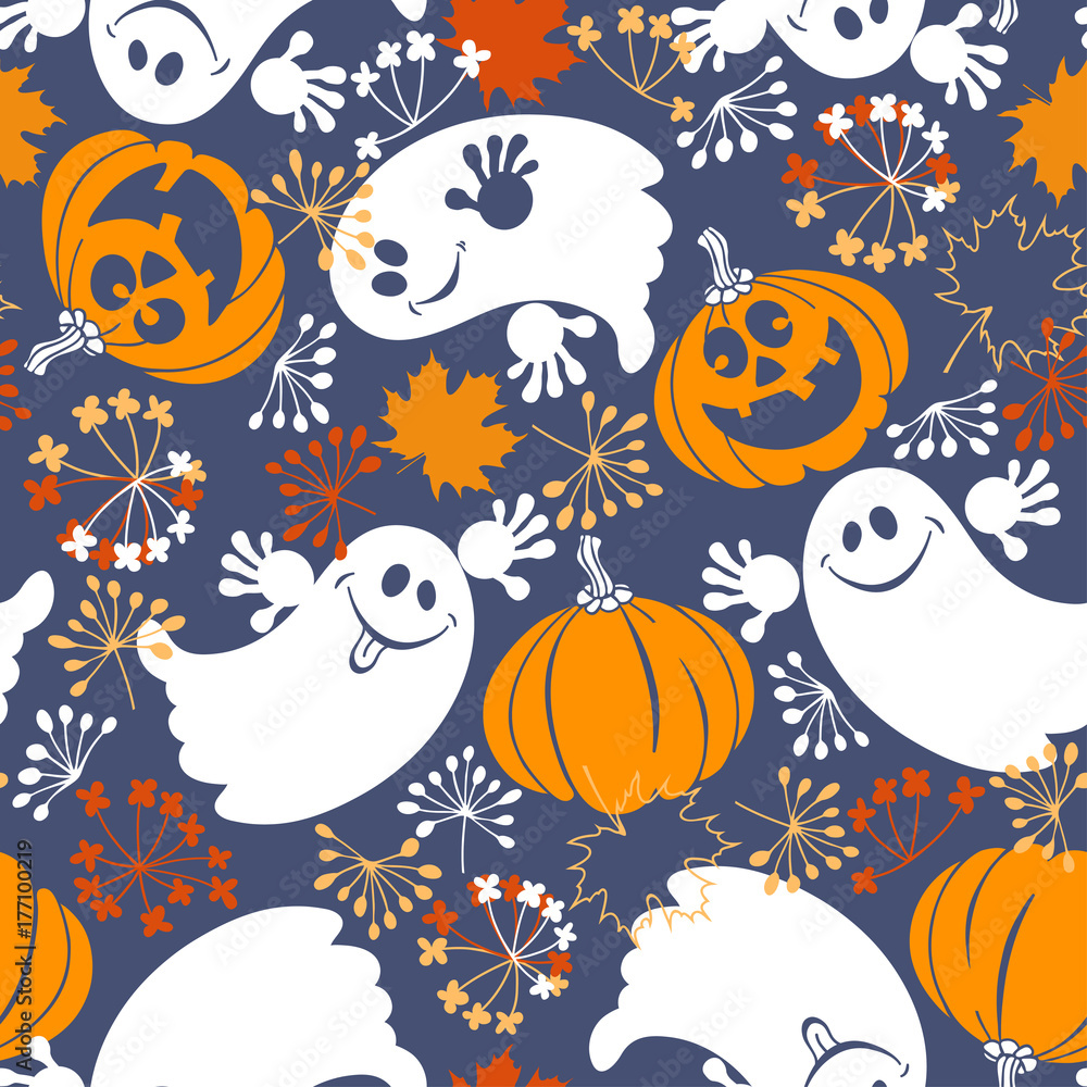 Seamless pattern with cute ghosts and fun pumpkins.  Halloween background.