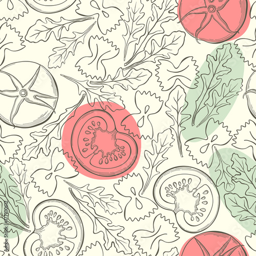 Tomatoes, arugula and pasta farfalle. Seamless pattern. Italian salad, vector illustration.