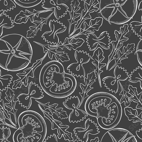 Tomatoes, arugula and pasta farfalle. Seamless pattern. Italian salad, vector illustration.