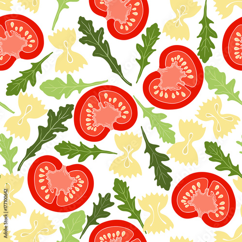 Tomatoes, arugula and pasta farfalle. Seamless pattern. Italian salad, vector illustration.