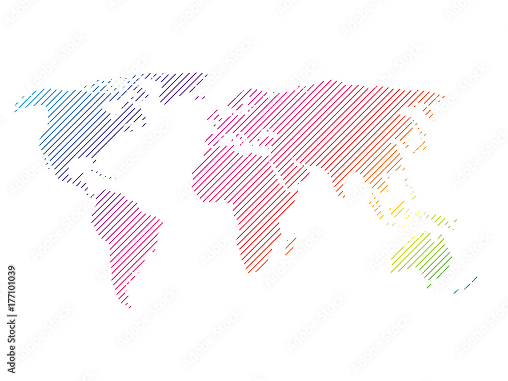 Obraz premium Hatched map of world in rainbow spectrum colors. Striped design vector illustration on white background.