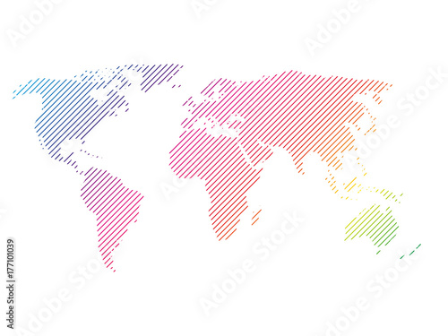 Hatched map of world in rainbow spectrum colors. Striped design vector illustration on white background.