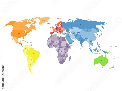 Colored political world map with names of sovereign countries and larger dependent territories. Different colors for each continent. South Sudan included.