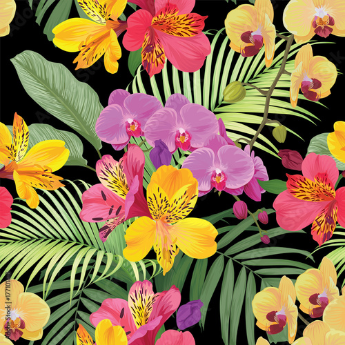 Tropical alstroemeria lily and orchid flowers seamless pattern with leaf on black background. Vector set of exotic tropical garden for wedding invitations  greeting card and fashion design. 