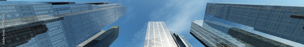 Skyscrapers. A view from below on a modern building against the sky with clouds. banner. 3D rendering
