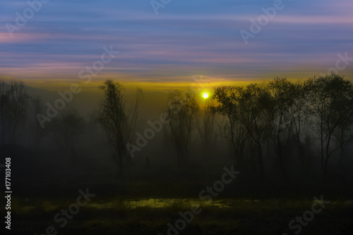 Sunrise and fog in the countryside.