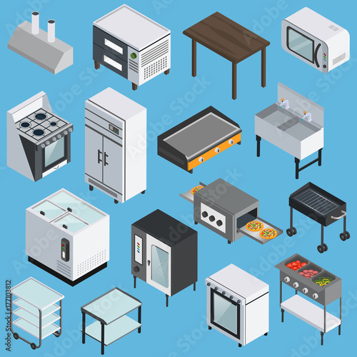 Kitchen Equipment Isometric Icons Set