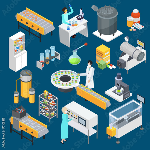 Pharmaceutical Production Isometric Icons Collection 
