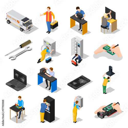 Service Centre Isometric Icons Set
