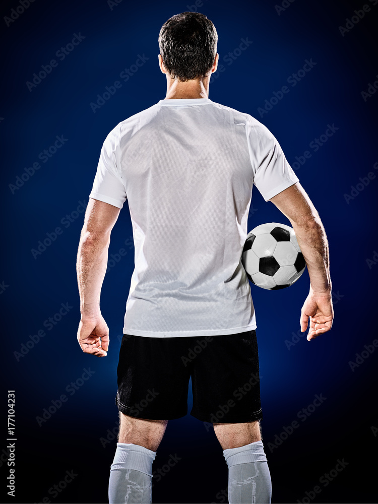 Obraz premium one caucasian soccer player man isolated on black background