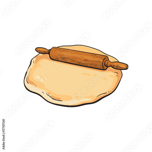 Wooden rolling pin, roller and flattened dough, sketch style vector illustration isolated on white background. Hand drawn wooden rolling pin, roller used to flatten dough, cooking process