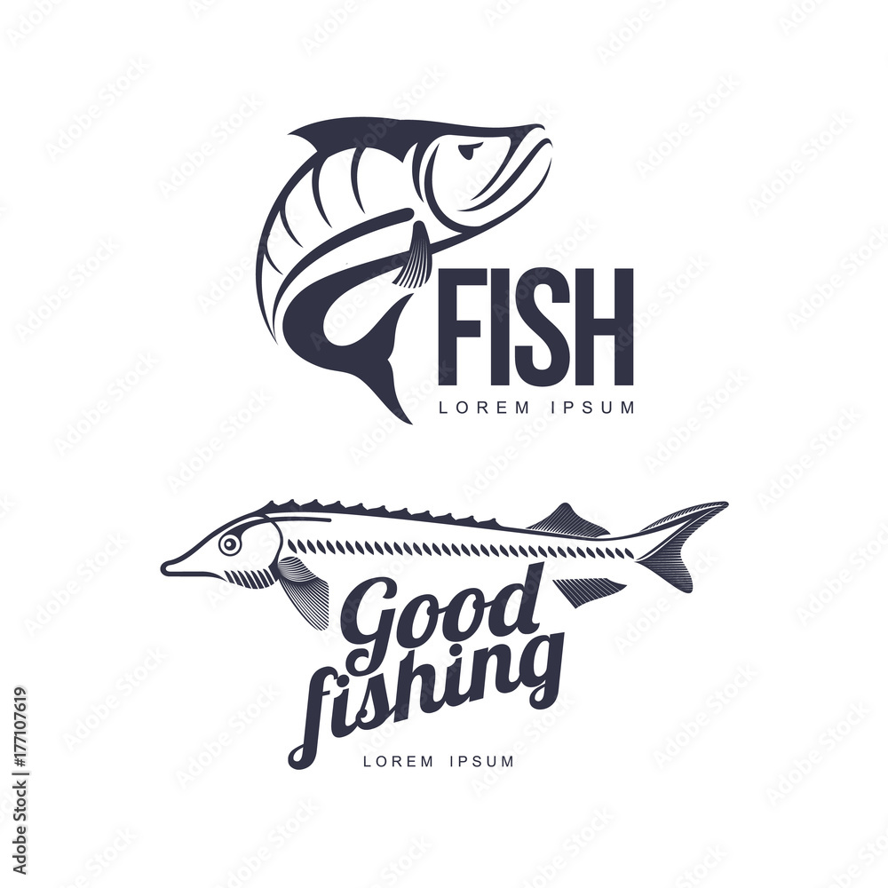 stylized sturgeon good fishing lettering inscription and perch fish icon  pictogram set. Brand, logo design. Vector flat silhouette illustration  isolated on a white background. Stock Vector