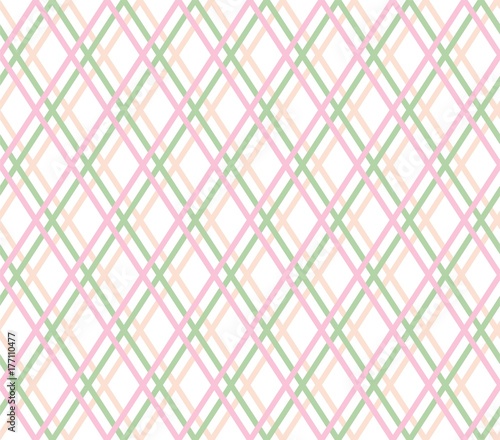 Geometric background, seamless, thin pink lines, diamonds, vector. Pink and green thin lines cross on a white field. Vector decor. 