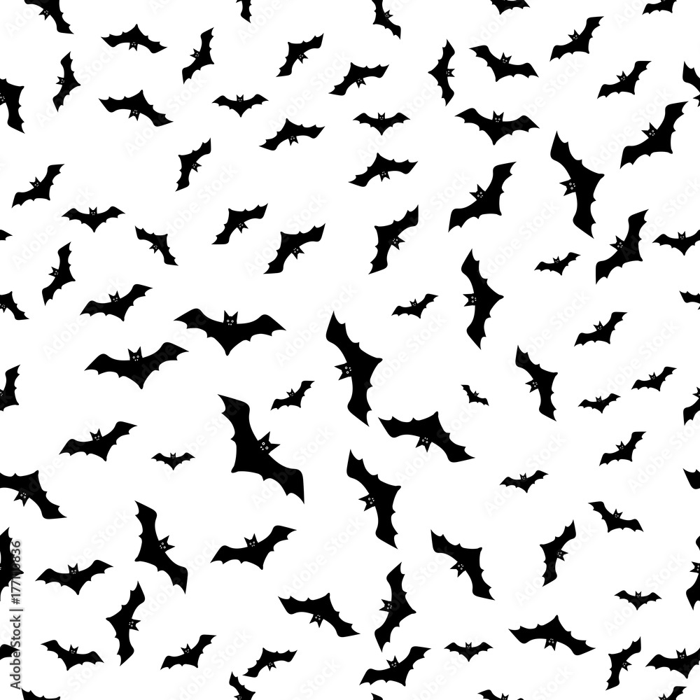 Monochrome seamless pattern with soaring bats on a white background for decoration on Halloween