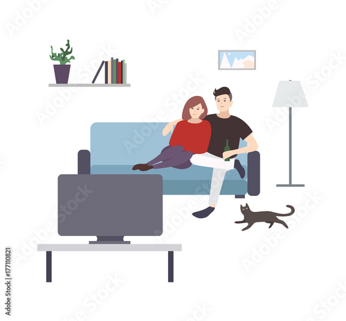 Cute male and female cartoon characters sitting on cozy couch and watching TV or television set. Young couple having fun at home. Pair of man and woman spending time together. Vector illustration.
