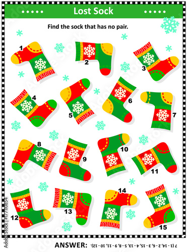 Winter, Christmas or New Year themed visual puzzle (suitable both for kids and adults): Find the sock that has no pair. Answer included. 