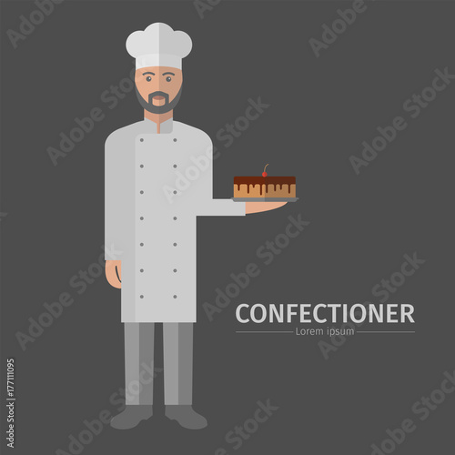 Pastry chef character, confectioner holding plate with cake.