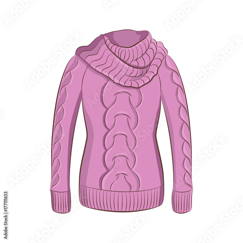A realistic warm jumper or knitted sweater. Women fashion winter clothes. Purple object isolated on white background. Vector cartoon illustration in hand drawing style for your design.